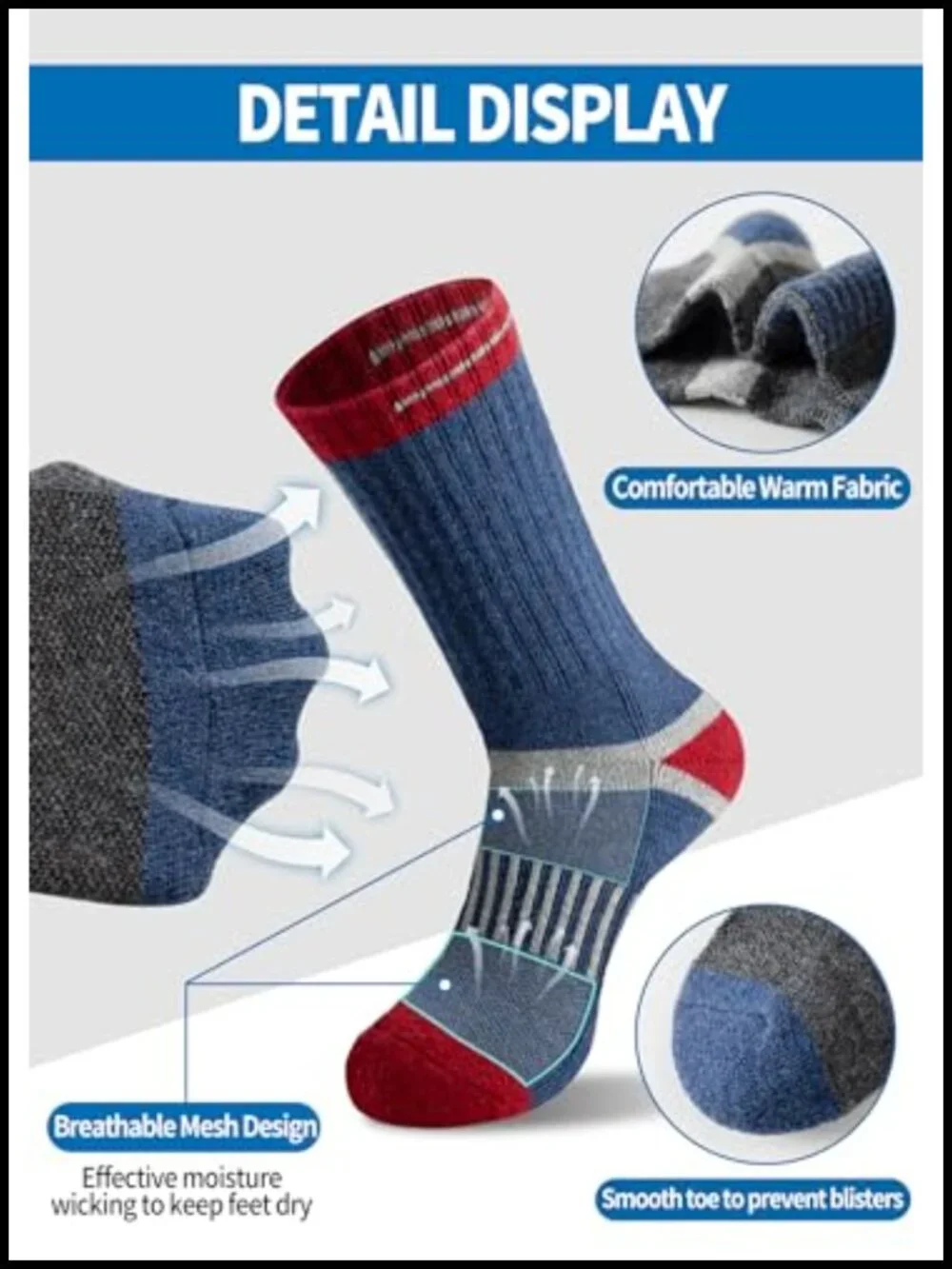 Men's Merino Wool Crew Socks, 5 Pack Hiking Boot Socks, Moisture Wicking,